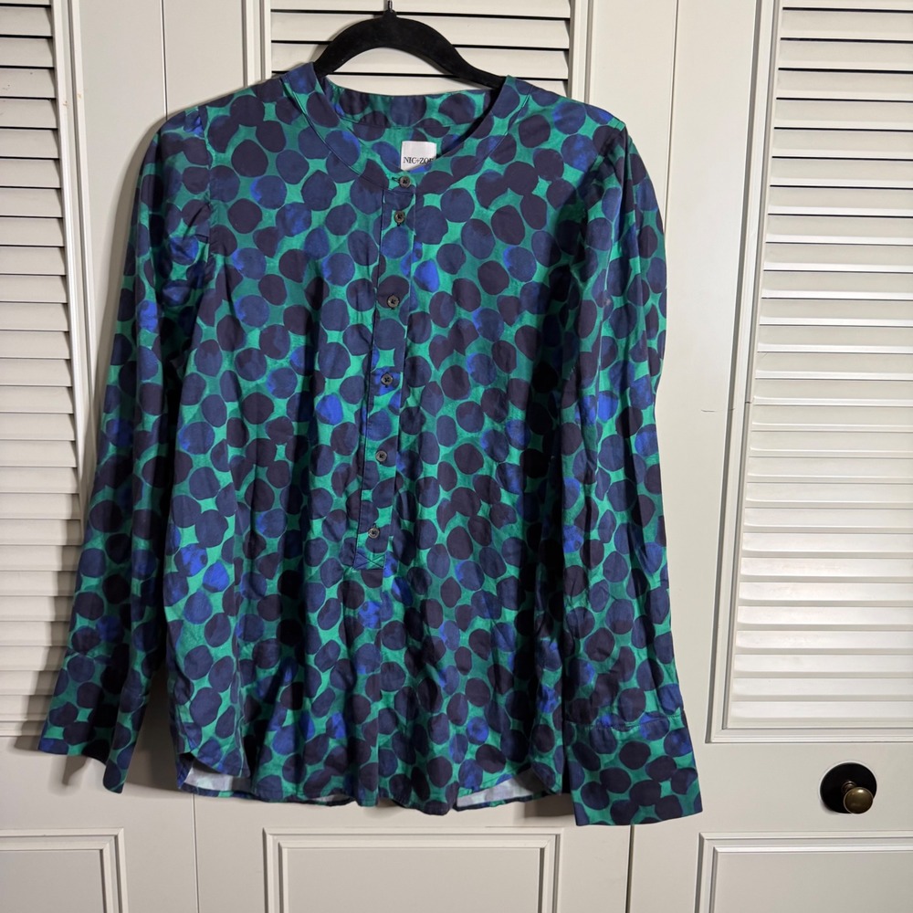 Nic+Zoe Women Green Blue Abstract Polka Dot Band Collar Blouse Size M